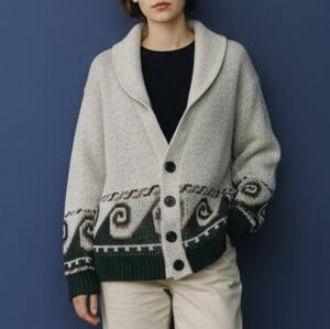 VTG 60s Cream and Green Grandpa Cardigan Sweater Ferranti of  California MEDIUM